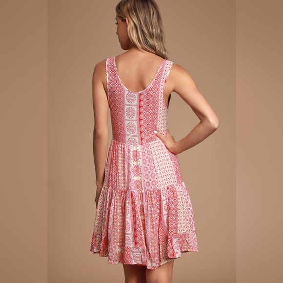 LULU'S Cache Creek Red Print Lace-Up Tiered Swing Dress - Picture 2 of 6